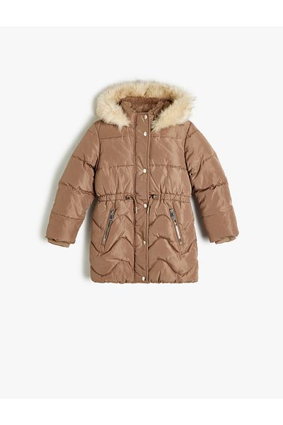 Koton Faux Fur Detailed Hooded down Coat - Belt with Pockets and Zipper