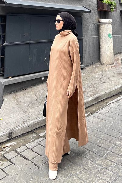 lamelif Σετ μακρύ χιτώνα πλεκτό Hijab