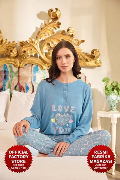 Aydoğan Set pijama pentru femei cu mânecă lungă termică albastră - Aydogan ®   B14-1 - 240671