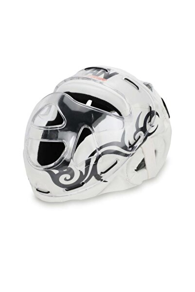 Titan Sport Yüz Korumalı Boks Kaskı , Beyaz Işlemeli Desenli Camlı Model