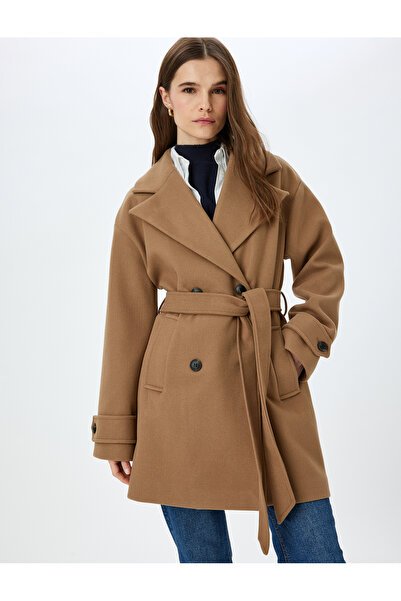 Koton Düğmeli Cepli Kemerli Kruvaze Uzun Kaşe Kaban