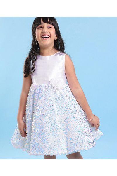 Babyhug Sleeveless Sequinned Fur Flare Party Frock with Floral Applique -White