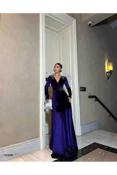 Trendusfashion Rochie de seară din catifea cu mânecă lungă și detaliu din piatră - Design elegant și elegant