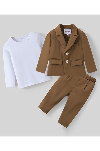 Kookie Kids 3 Piece Suit With Solid T-shirt Blazer & Trousers - Brown