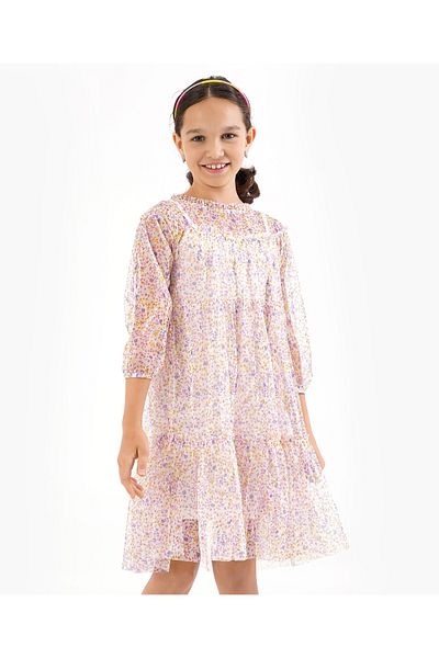 Primo Gino Full Sleeves Allover Floral Printed Pleated Party Dress With Inner - Pink
