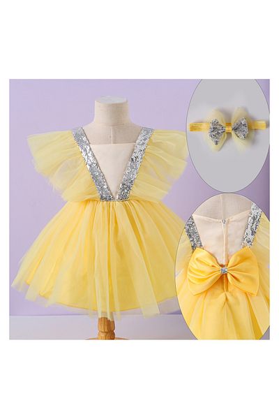 Kookie Kids Embellished Neckline Frill Party Dress With Headband - Yellow