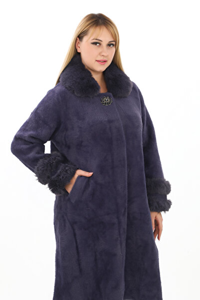 Angora Broş Detaylı Kürk Yaka Ara Boy Angora Kaban