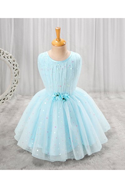 Babyhug Sleeveless Party Wear Frock with Corsage -Light Blue