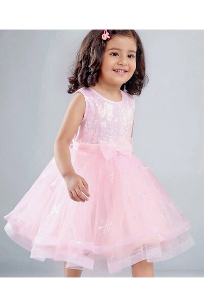 Babyhug فستان حفلات بدون أكمام مع ترتر وربطة عنق - وردي