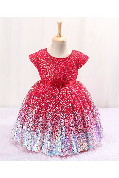 Babyhug Sleeveless Sequined Party Frock with Corsage - Red