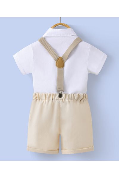 Kookie Kids Solid Shirt & Short Bottom Set With Suspenders & Bow Tie - White & Beige