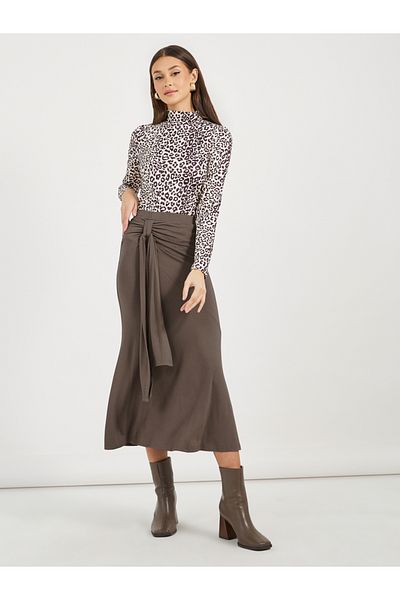 Styli Tie Draped Detail Solid Midi Skirt