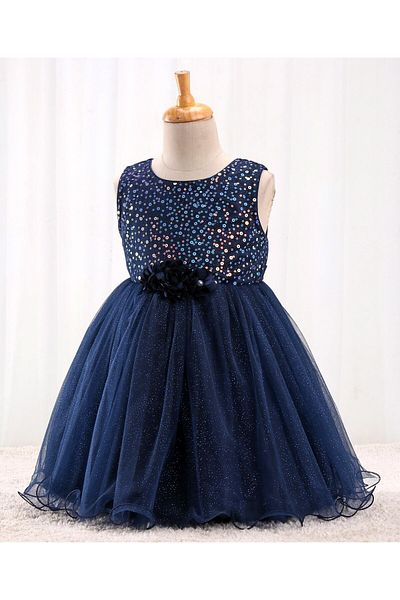 Babyhug Sleeveless Sequinned Party Frock With Floral Corsage- Navy Blue