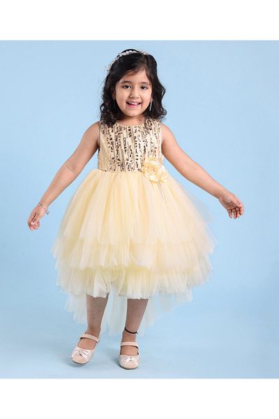 Babyhug Sleeveless Party Frock With Floral Corsage & Sequine Detailing - Yellow