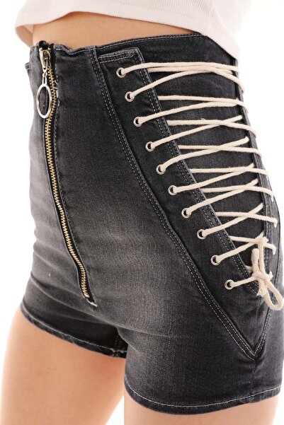 THE BARK Bağcık Detaylı Mini Kadın Jean Şort 2651 Siyah