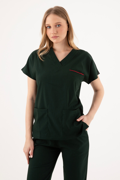 VİZYON UNIFORM Premium Likralı Avcı Yeşili Hemşire Forması Cerrahi Takım, Scr...