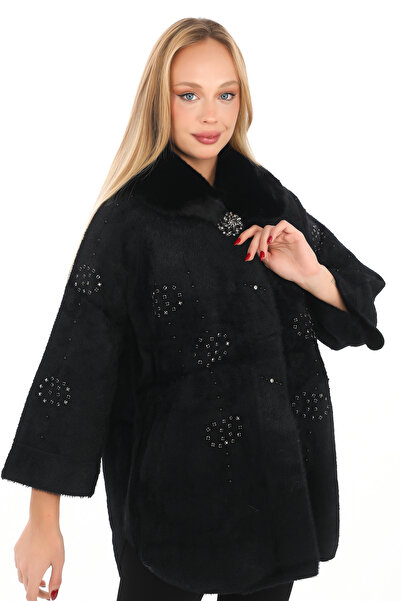 Angora Önü Taşlı Kürk Yaka Kısa Angora Kaban