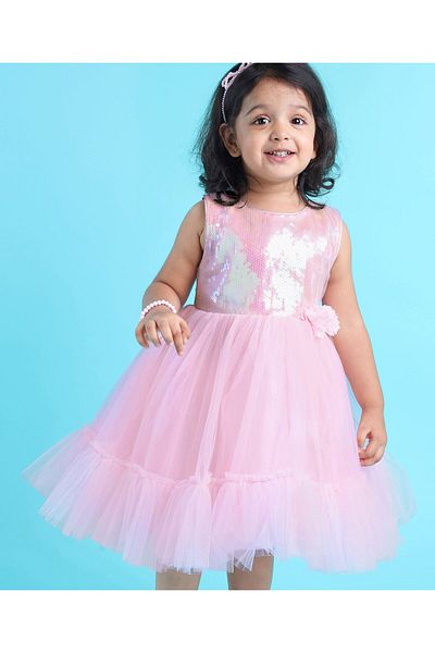Babyhug Woven Sleeveless Sequined Party Dress with Bow Applique & Mesh Detailing - Pink