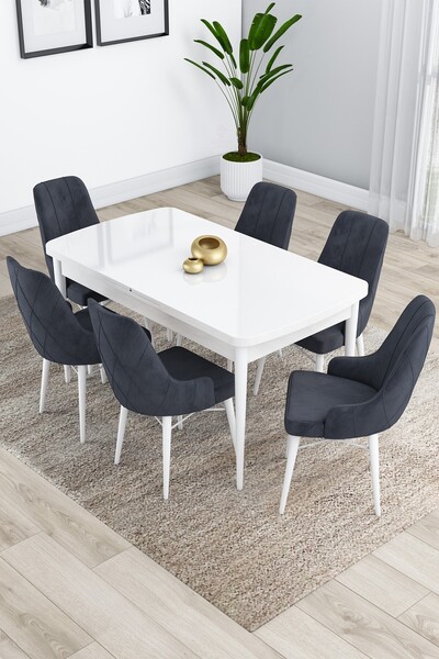 Canisa Kar Serisi 80x132 Açılabilir Mdf Beyaz Mutfak Masası Takımı 6 Antrasit...