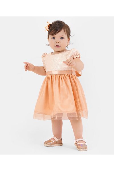 Bonfino Puffed Sleeves Party Dress with Woven Design - Pink