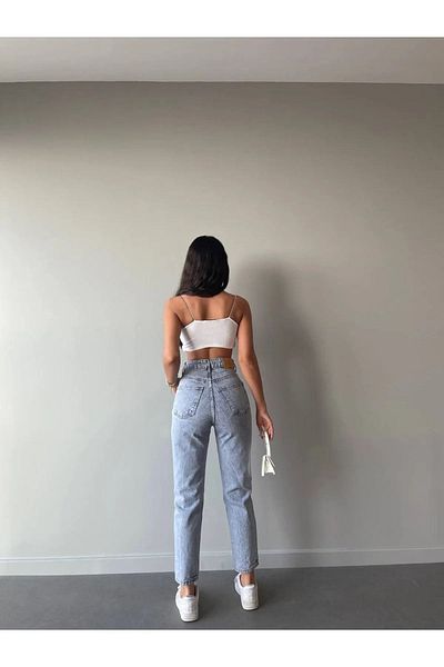 LİMABEL Blugi Mom Jean din Lycra, cu talie înaltă, cu cinci buzunare, albastru pentru femei
