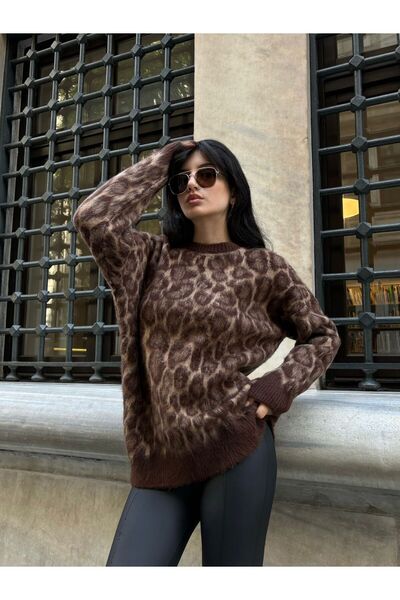 yeditepe fashion Bisiklet Yaka Şardonlu Leopar Triko Kazak