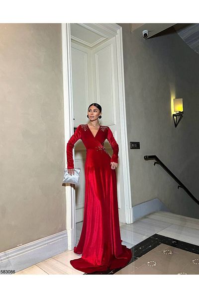Trendusfashion Velvet Long Sleeve Stone Detailed Evening Dress - Stylish and Elegant Design