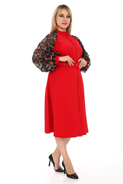 etselements Red Floral Print Tulle Evening Dress with Sleeve Belt - Button Detail 7060