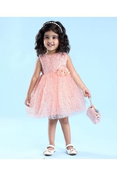 Babyhug Sleeveless Party Frock with Foil Print & Sequin Detailing with Floral Applique - Peach