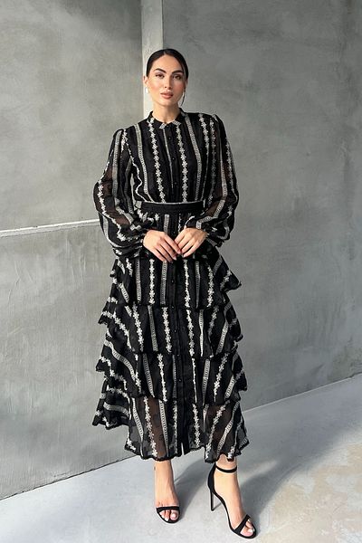 Seda Yalçın Atelier Black Valon Floral Print Stripe Detailed Layered Dress
