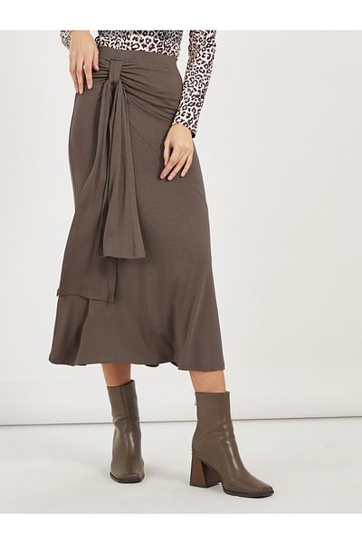 Styli Tie Draped Detail Solid Midi Skirt