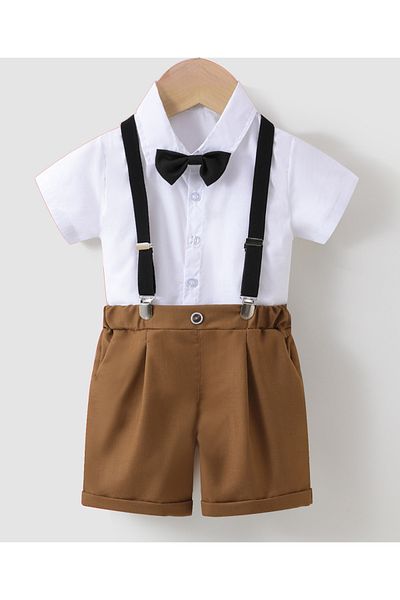 Kookie Kids Shirt with Bow and Pants with  Suspender Set - White & Brown