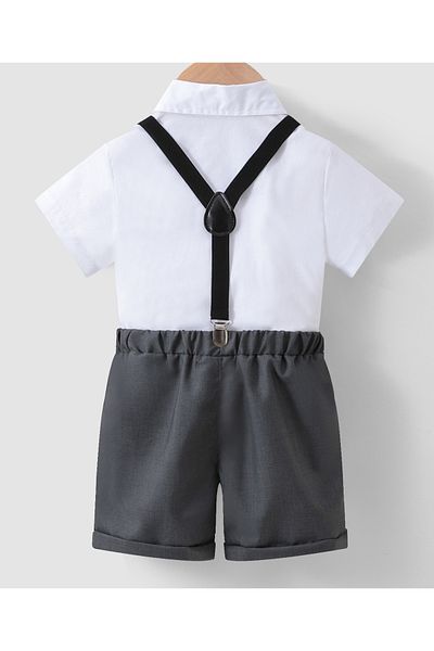 Kookie Kids Shirt with Bow and Pants with  Suspender Set - White & Grey