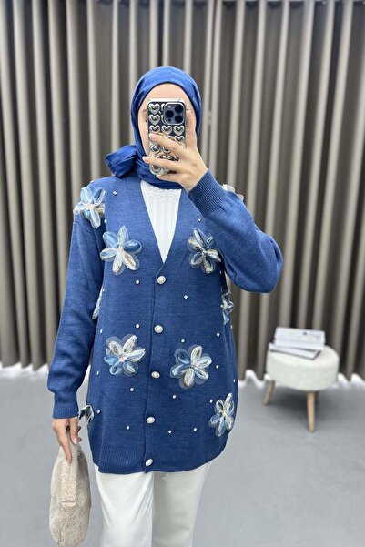 Pardesü Dünyası Tül Çiçek Ve Taş Detaylı Hırka İndigo