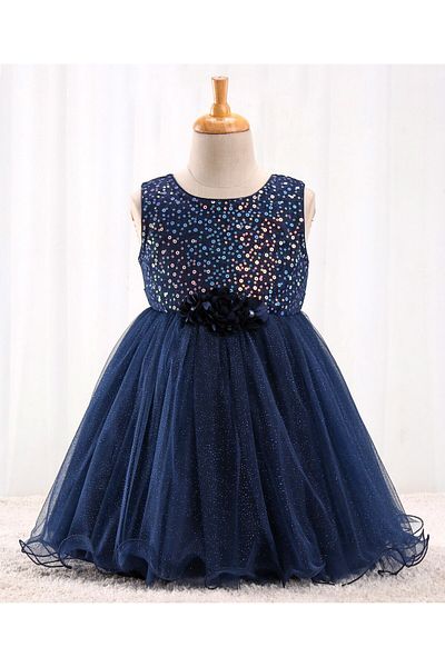 Babyhug Sleeveless Sequinned Party Frock With Floral Corsage- Navy Blue
