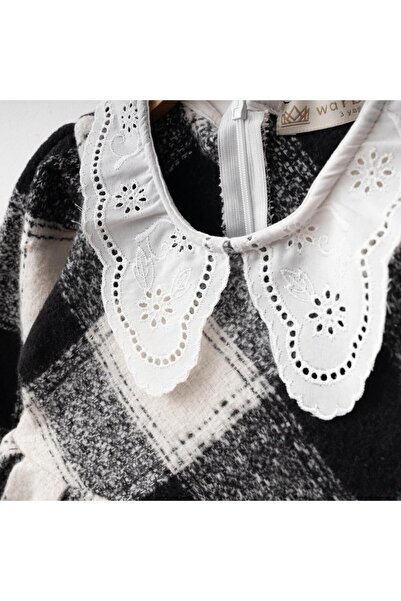 warba Dantel Yaka Kışlık Oduncu Ekose Desen Pileli Kız Çocuk Elbise