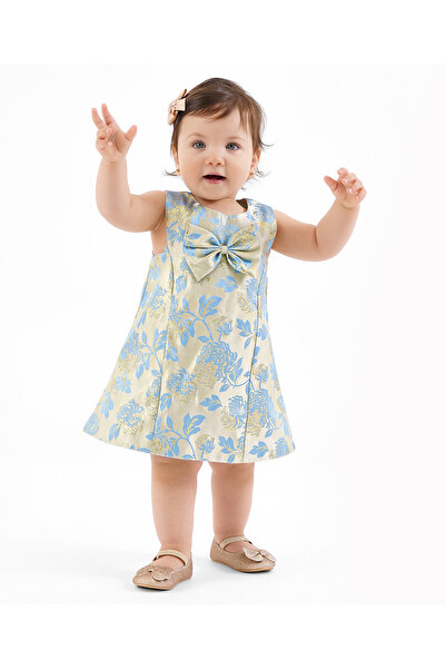 Bonfino Sleeveless Woven Floral Design Party Dress with Bow Applique - Blue