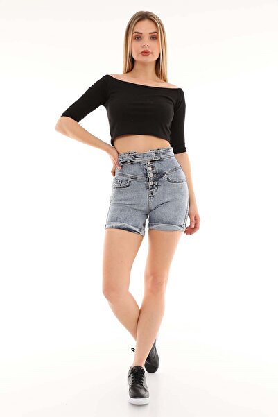 THE BARK Kemerli Düğmeli Kadın Jean Şort 2694 Mavi