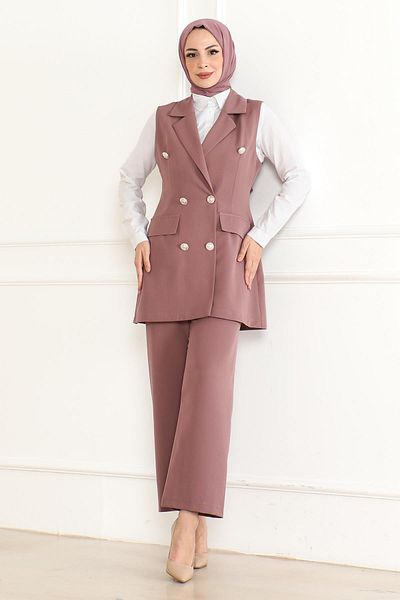 Modamihram Dusty Rose Double Set - Button Detail, Model 19231