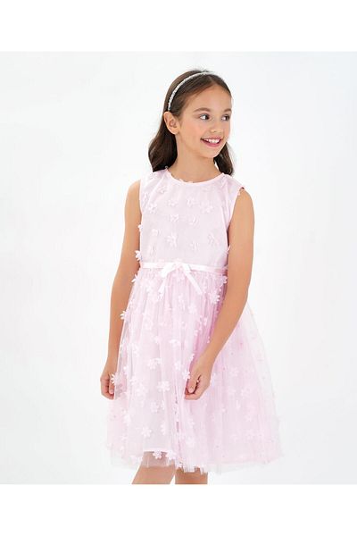 Primo Gino Sleeveless Party Frock with Floral Applique - Pink