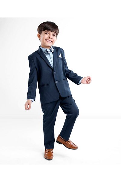Babyhug Woven Full Sleeves Three Pieces Solid Colour Party Suit  With Bow -Dark Blue