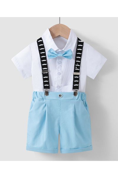 Kookie Kids Solid Shirt & Short Bottom Set With Moustache Print Suspenders & Bow Tie - White & Blue