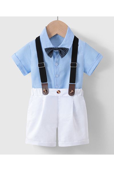Kookie Kids Solid Shirt & Short Bottom Set With Suspenders & Bow Tie - White & Blue