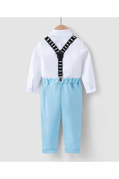 Kookie Kids Shirt with Bow and Pants with  Suspender Set - White & Blue