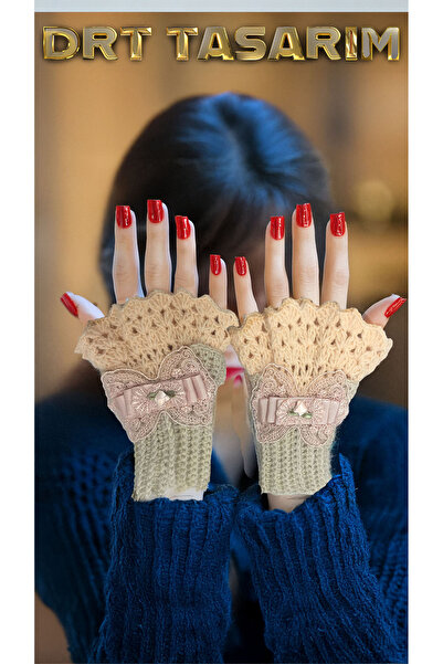 drt tasarım Victorian Stil Dantel Görünümlü parmaksız eldiven Bej