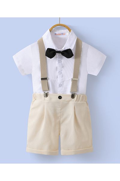 Kookie Kids Solid Shirt & Short Bottom Set With Suspenders & Bow Tie - White & Beige