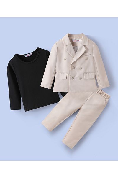 Kookie Kids 3 Piece Suit With Solid T-shirt Blazer & Trousers - Black & Beige