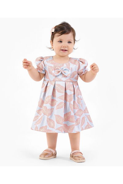 Bonfino Short Sleeves Jacquard Party Frock With Bow Leaf Embroidered - Blue