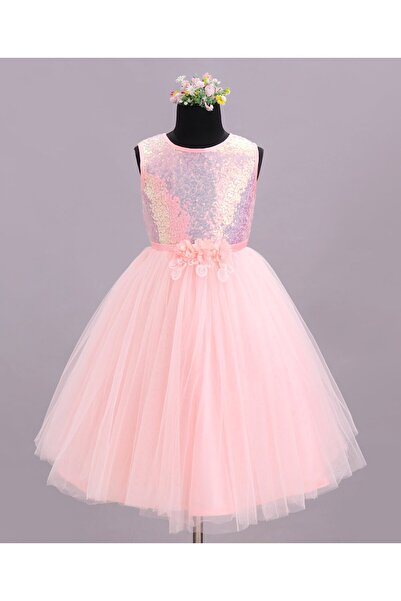 Babyhug فستان حفلات بدون أكمام مزين بالترتر - لون خوخي