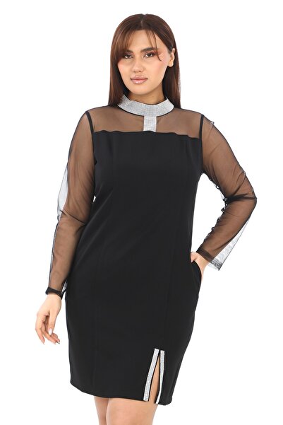 etselements Stone Detailed Neck and Slit Evening Dress - 7086